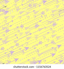 Many kind and size of violet arrow pattern on yellow background for paper print or ornament business. Vector design. 