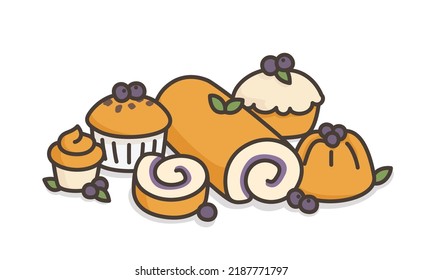 Many Kinds Of Blueberry Bread Kawaii Doodle Flat Cartoon Vector Illustration