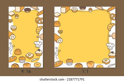 many kinds of bread border frame template kawaii doodle flat cartoon vector illustration