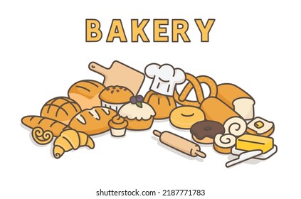 many kinds of bread mockup banner kawaii doodle flat cartoon vector illustration