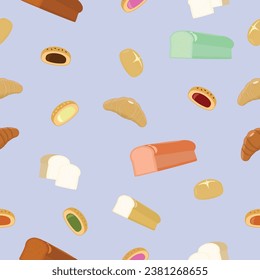 Many kinds of bread on the light purple color background such as loaf bread, stuffed bread, and croissants, breads party.