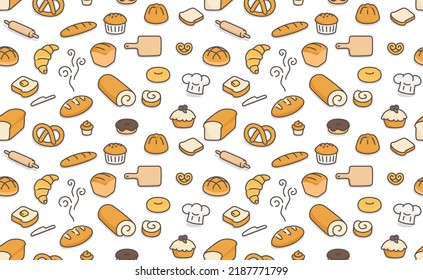 Many Kinds Of Bread Seamless Pattern Gift Wrap Wallpaper Background Kawaii Doodle Flat Cartoon Vector Illustration