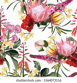 Many kinds of exotic tropical flowers. Bright seamless pattern. White background.