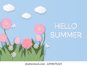 Many kinds of flowers bloom in the grass with text, insects, and clouds on a blue background. Copy space for place text. Paper art design.