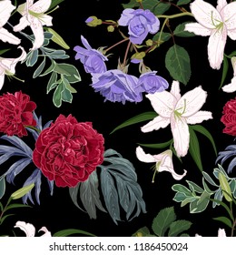 Many kinds  of flowers and plants on a dark background. Peonies, roses and lilies. Bright seamless vector pattern.