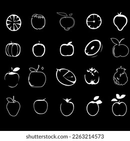 Many kinds of fruit icons. Black and white