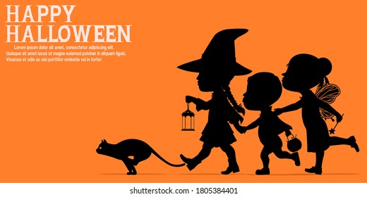 Many kinds with Halloween costume on orange background

