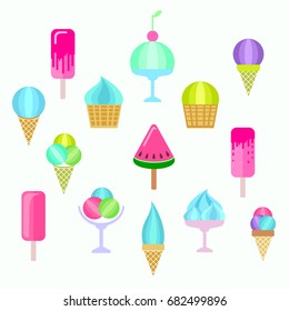 Many kinds of ice cream. Collection of food icons. Colorful clip art. Set of isolated design elements. Vector illustration.