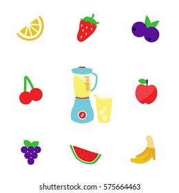 Many kinds of modern fruits in different colors & a mixer on a flat design in the middle with a Cup. a lot of various clean colorful fruits