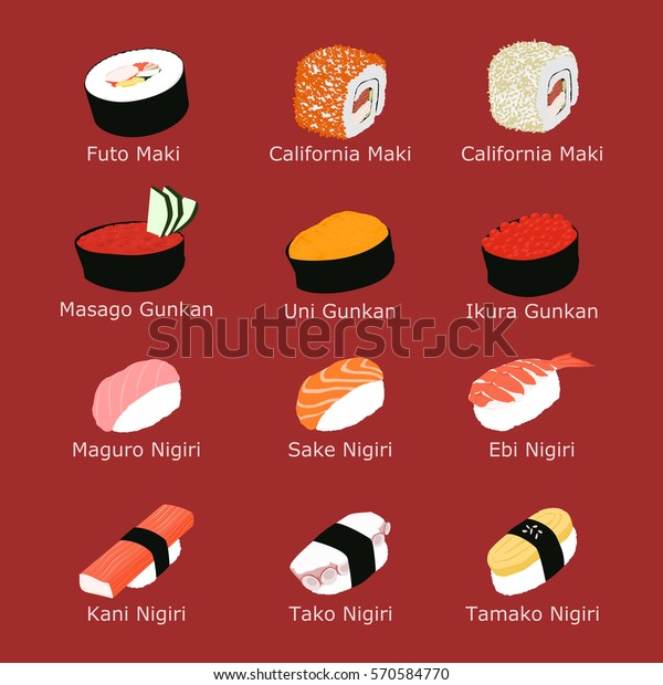 Many Kinds Sushi Their Japanese Name: Stock-Vektorgrafik (Lizenzfrei)  570584770