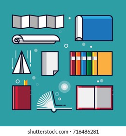Many kine of papers such as book, brochure, novel, magazine, paper plane, paper role, vector illustration minimalist design.