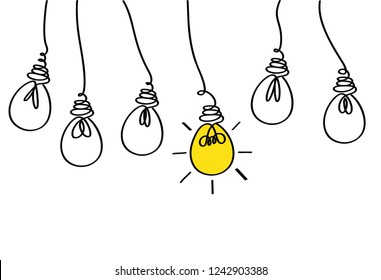 Many lamps hanging from above. Light bulbs icon concept of idea. Vector on white background. Contour line.