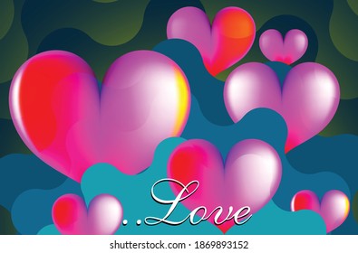 Many large pink, red hearts on Blue green background
