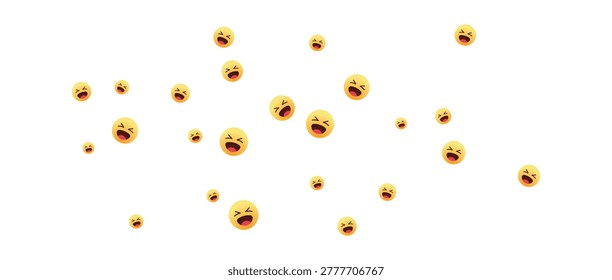 Many laughing yellow face emojis scattered around as a pattern of happy expressions for social media communication designs and digital messaging chat icons in a bright festive style