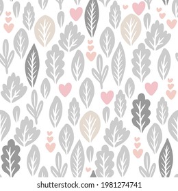 Many leaves and hearts. Seamless pattern with forest theme illustrations