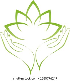 Many leaves and two hands in green logo