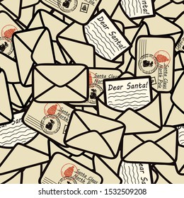 Many letters for Santa Claus vector seamless pattern. Letter to Santa Claus repeat print. Merry Christmas Happy New Year design. Santa Claus mail with stamps and postage marks. Open and sealed letters