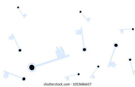 Many Light Blue and Black Keys of Different Size on White Background