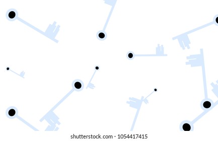 Many Light Blue and Black Keys of Different Size on White Background
