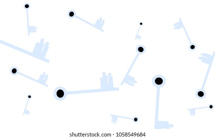 Many Light Blue and Black Keys of Different Size on White Background