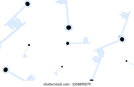 Many Light Blue and Black Keys of Different Size on White Background