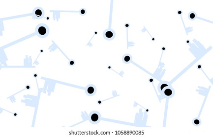 Many Light Blue and Black Keys of Different Size on White Background