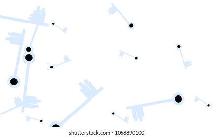 Many Light Blue and Black Keys of Different Size on White Background