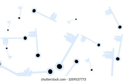 Many Light Blue and Black Keys of Different Size on White Background