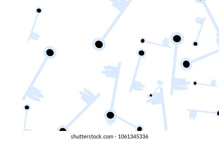 Many Light Blue and Black Keys of Different Size on White Background