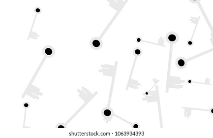 Many Light Blue and Black Keys of Different Size on White Background