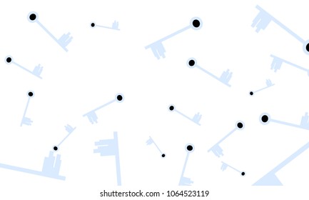 Many Light Blue and Black Keys of Different Size on White Background