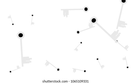 Many Light Blue and Black Keys of Different Size on White Background