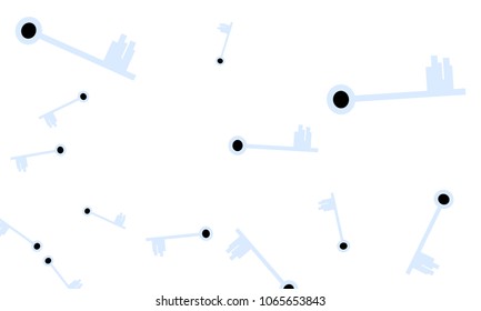 Many Light Blue and Black Keys of Different Size on White Background