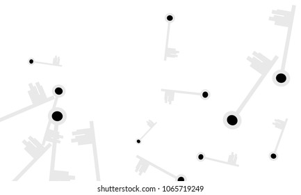 Many Light Blue and Black Keys of Different Size on White Background