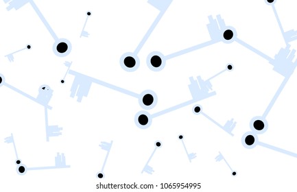 Many Light Blue and Black Keys of Different Size on White Background