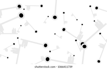 Many Light Blue and Black Keys of Different Size on White Background