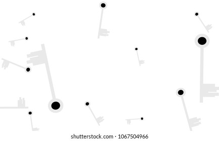 Many Light Blue and Black Keys of Different Size on White Background