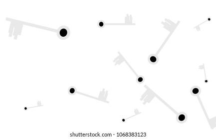 Many Light Blue and Black Keys of Different Size on White Background