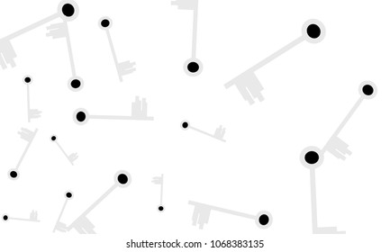 Many Light Blue and Black Keys of Different Size on White Background