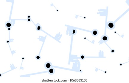 Many Light Blue and Black Keys of Different Size on White Background
