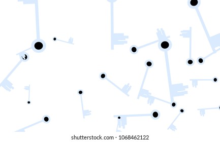 Many Light Blue and Black Keys of Different Size on White Background