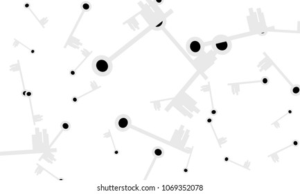 Many Light Blue and Black Keys of Different Size on White Background