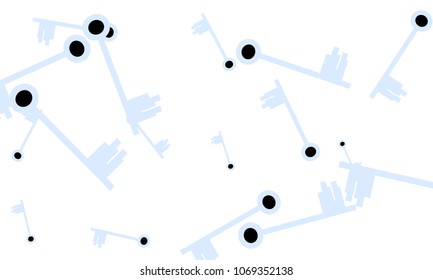 Many Light Blue and Black Keys of Different Size on White Background