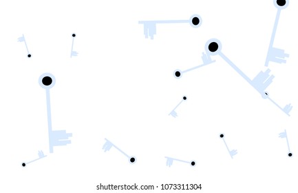 Many Light Blue and Black Keys of Different Size on White Background