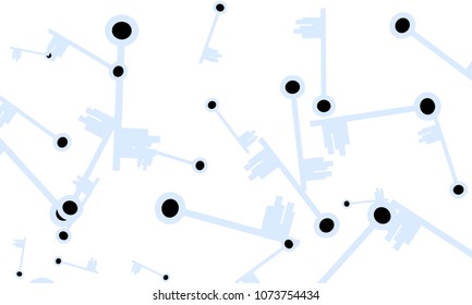 Many Light Blue and Black Keys of Different Size on White Background