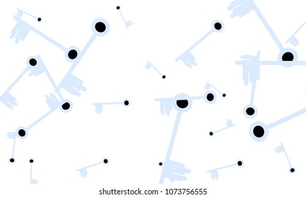 Many Light Blue and Black Keys of Different Size on White Background