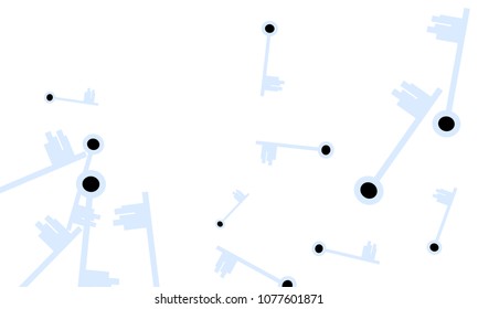 Many Light Blue and Black Keys of Different Size on White Background
