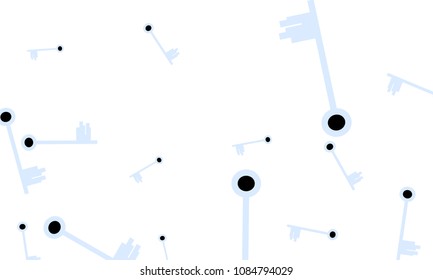 Many Light Blue and Black Keys of Different Size on White Background