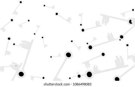 Many Light Blue and Black Keys of Different Size on White Background