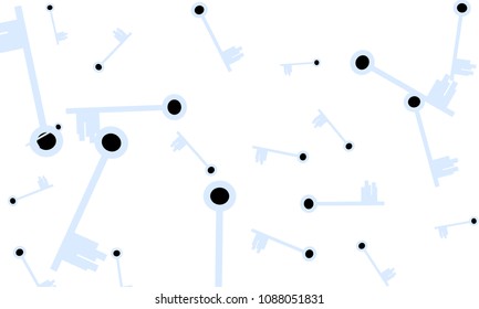 Many Light Blue and Black Keys of Different Size on White Background